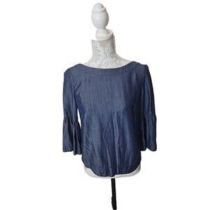 White House Black Market Blue Denim Lyocell Bell Flare Sleeve Blouse Top 2